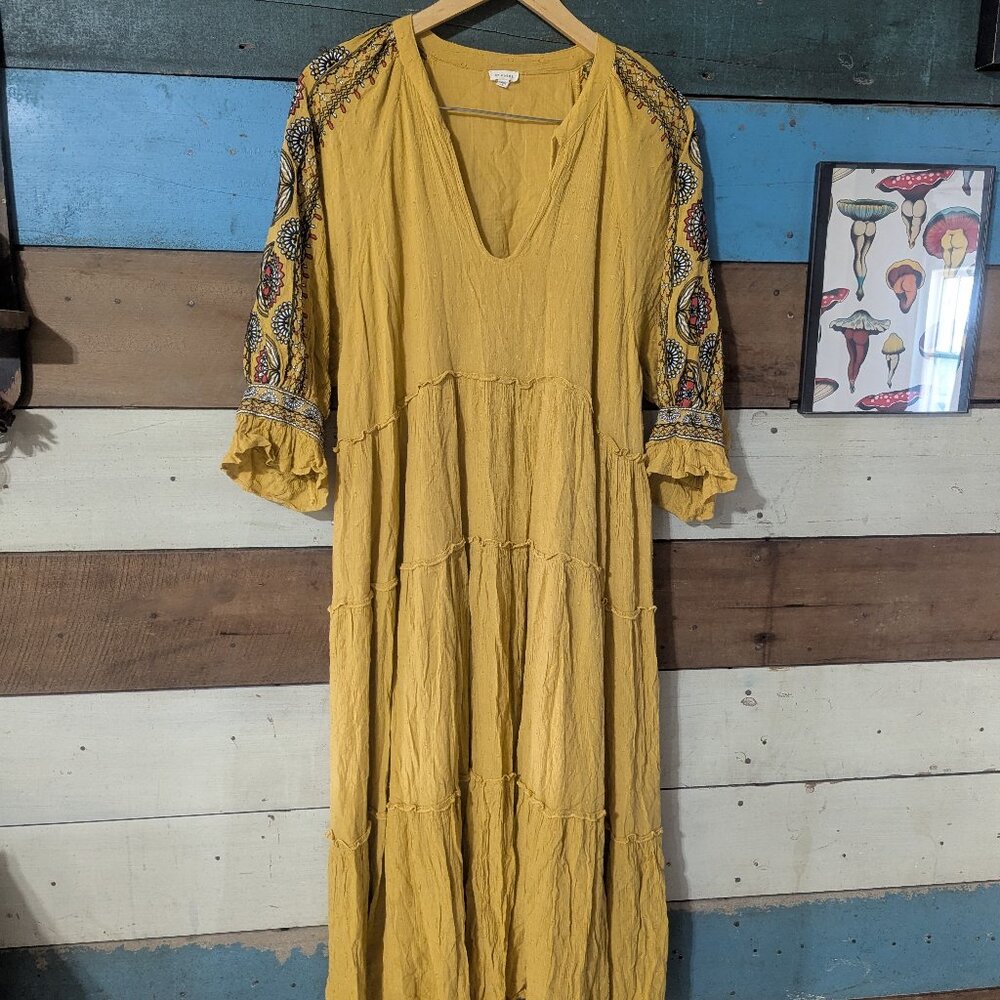 En Creme Embroidered Sleeve Long Flowy Mid Calf Boho Dress Yellow Mustard B